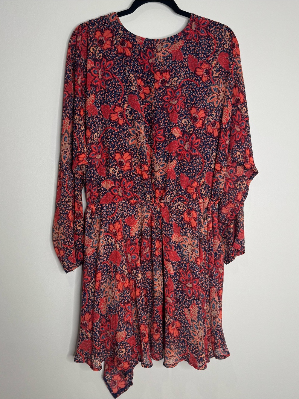 Free People Floral Handkerchief Hem V-neck Long Sheer Sleeve Mini Dress Large - Picture 9 of 9